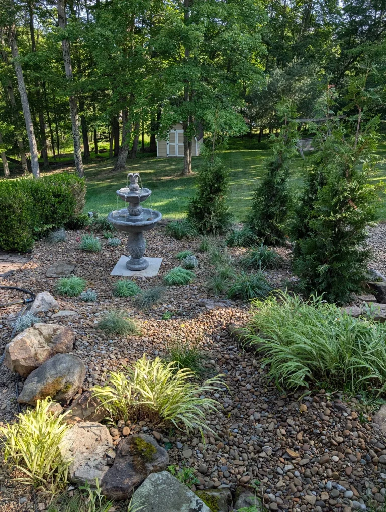 Rock Bed With Various Trees, Plants, And A Fountain